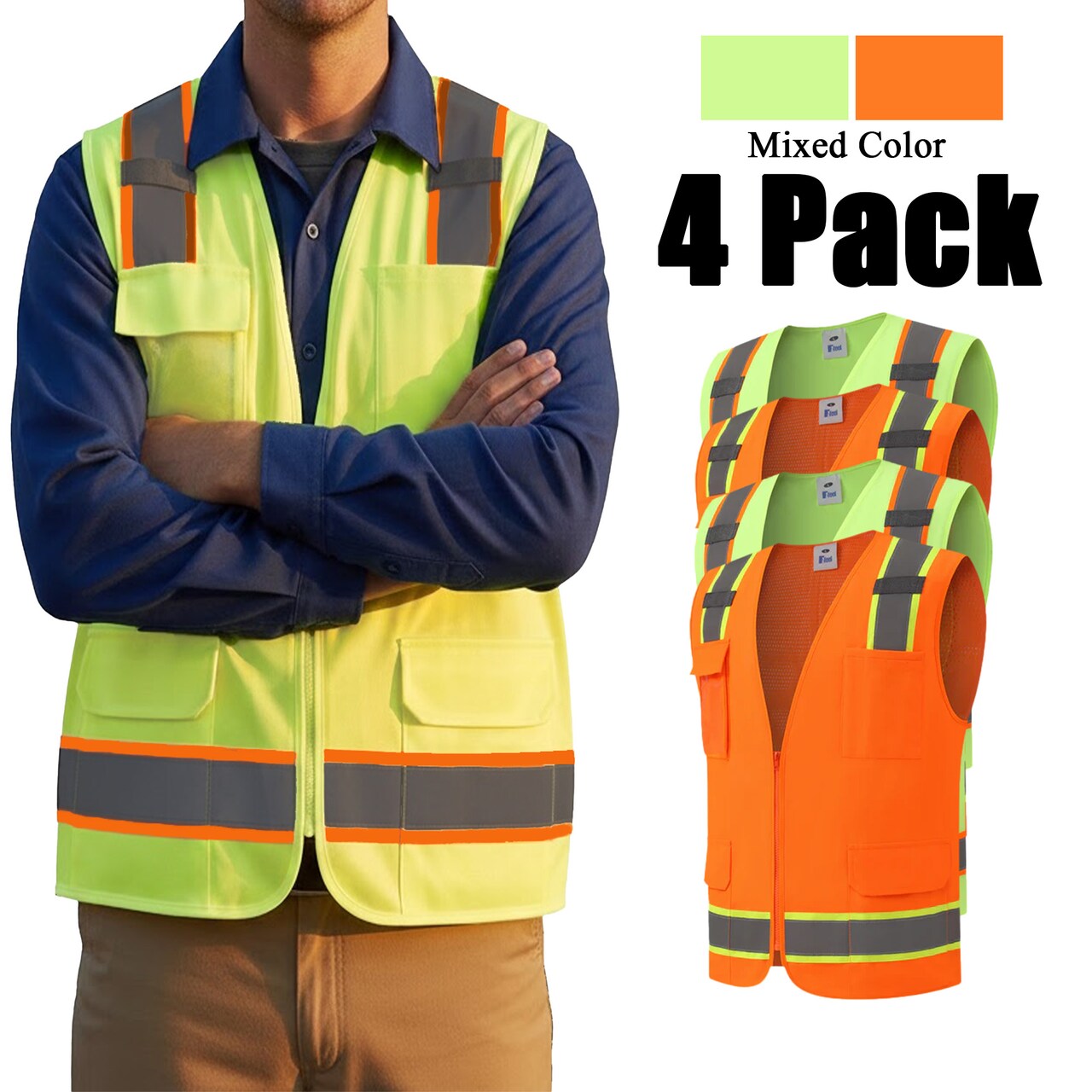 Zfeel ZF304 Hi-Vis Reflective Safety Vest Polyester Mesh Zip Front Multi Pocket Work Safety Vest Neon Orange Yellow 4 Pack